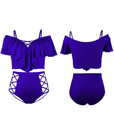 Tankinis Women's Plus Size Swimwear 2 Piece High Waisted Swimsuit Ruffle Bikini - Royal Blue - CF18CQXSYYC $45.14