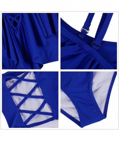 Tankinis Women's Plus Size Swimwear 2 Piece High Waisted Swimsuit Ruffle Bikini - Royal Blue - CF18CQXSYYC $45.14