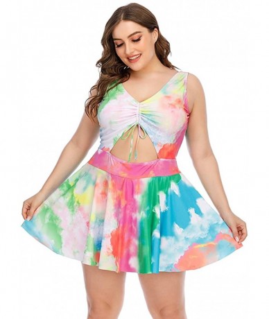 One-Pieces Plus Size Floral Prinit Halter Swimwear One Piece Pin up Tankini Swimwear - Tie Dye - C319CZNT5XS $52.27