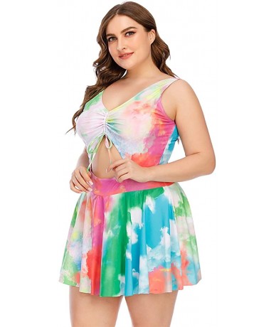 One-Pieces Plus Size Floral Prinit Halter Swimwear One Piece Pin up Tankini Swimwear - Tie Dye - C319CZNT5XS $52.27