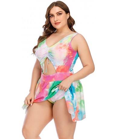 One-Pieces Plus Size Floral Prinit Halter Swimwear One Piece Pin up Tankini Swimwear - Tie Dye - C319CZNT5XS $52.27