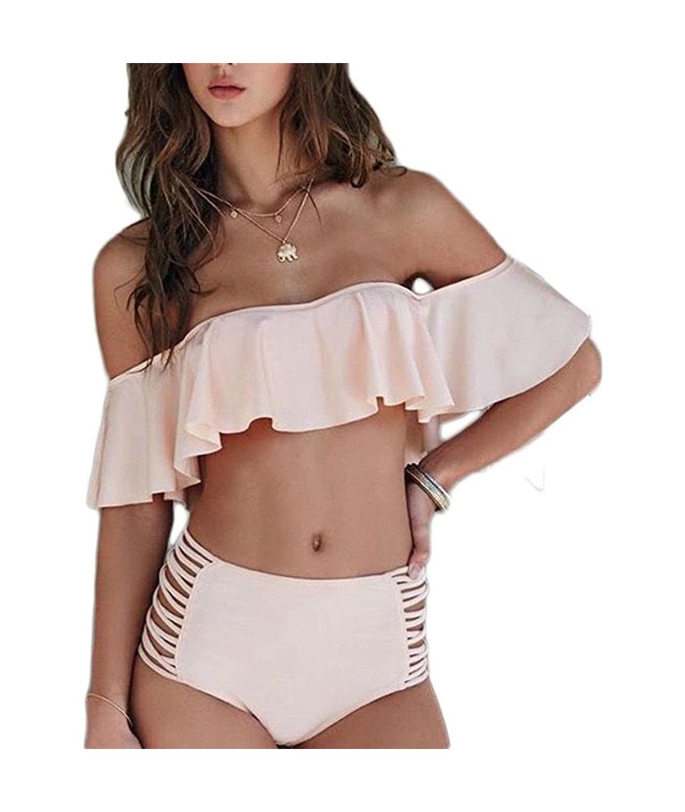 Sets 2PCs Women Fashion Ruffle Swimsuit Padded Set Pleated Off Shoulder Top+High Waist Bottom - Pink - CT12O0RNMVZ $25.33