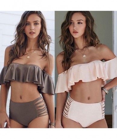 Sets 2PCs Women Fashion Ruffle Swimsuit Padded Set Pleated Off Shoulder Top+High Waist Bottom - Pink - CT12O0RNMVZ $25.33