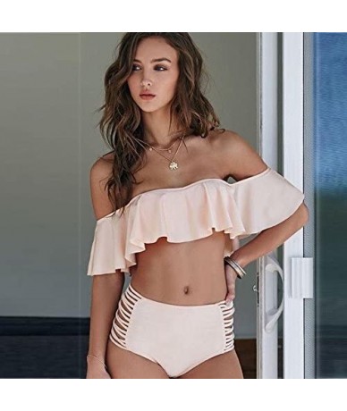 Sets 2PCs Women Fashion Ruffle Swimsuit Padded Set Pleated Off Shoulder Top+High Waist Bottom - Pink - CT12O0RNMVZ $25.33