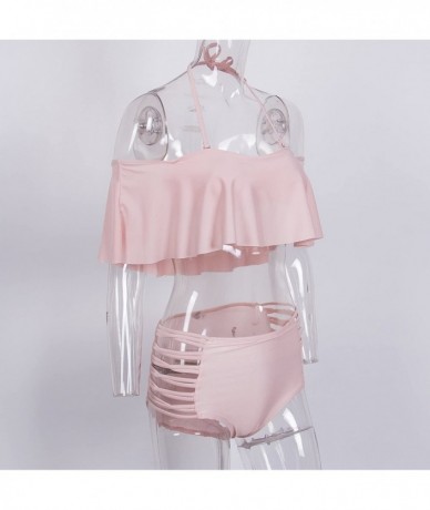 Sets 2PCs Women Fashion Ruffle Swimsuit Padded Set Pleated Off Shoulder Top+High Waist Bottom - Pink - CT12O0RNMVZ $25.33