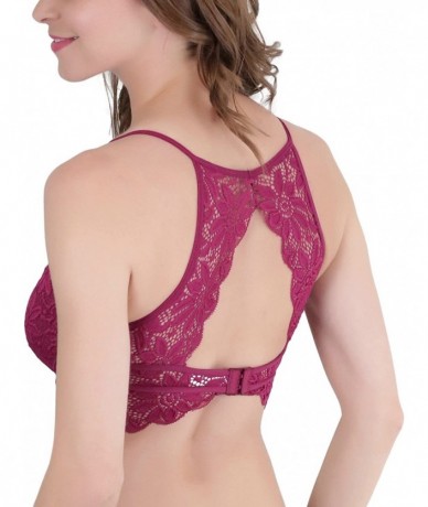 Tops Women's Keyhole High Neck Stretch Lace Bralette with Lined Cups - Wine - CD18G3UDQW3 $20.48