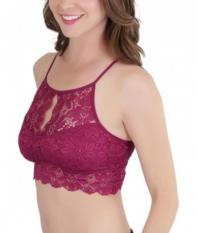 Tops Women's Keyhole High Neck Stretch Lace Bralette with Lined Cups - Wine - CD18G3UDQW3 $20.48