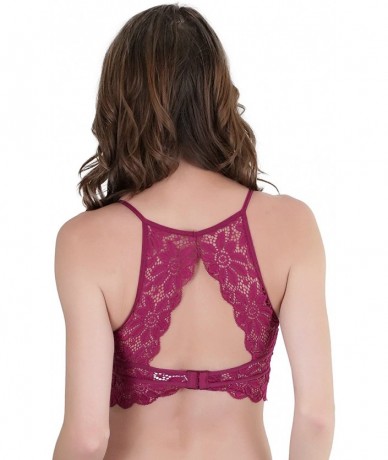 Tops Women's Keyhole High Neck Stretch Lace Bralette with Lined Cups - Wine - CD18G3UDQW3 $20.48