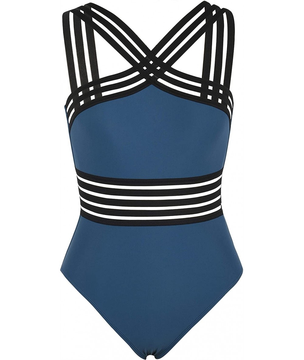 One-Pieces Women's High Neck One Piece Swimsuit Crosscriss Straps Bathing Suits High Waisted Monokini Swimwear Aquamarine Blu...