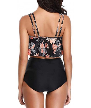 Bottoms Swimsuits for Women Two Piece Bathing Suits Ruffled Flounce Top with High Waisted Bottom Bikini Set - A-black - C5196...