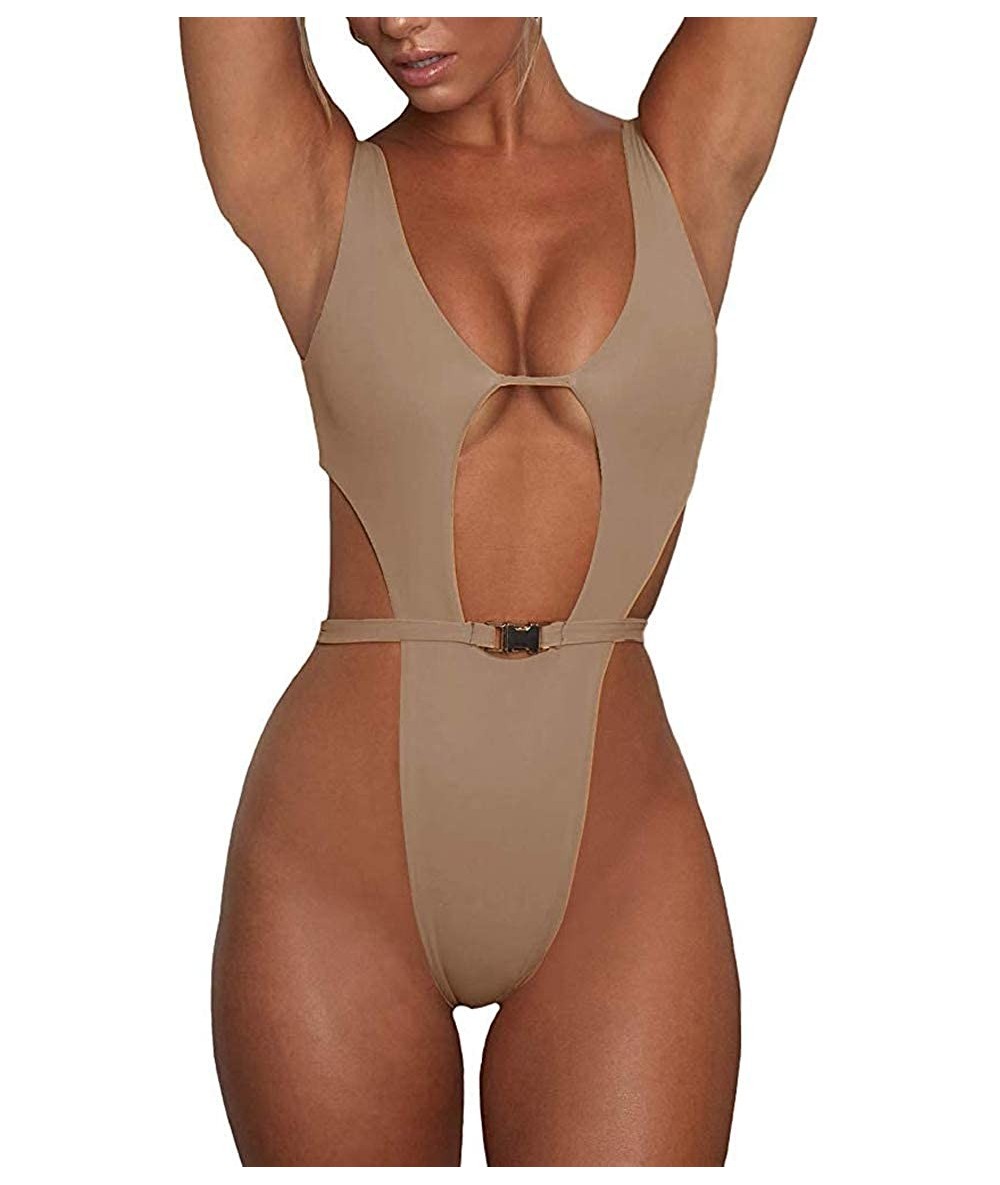 One-Pieces Women Sexy One Piece Swimwear Deep V Neck Cut Out Strappy Bikini Swimsuits Halter Backless Thong Bathing Suit Khak...