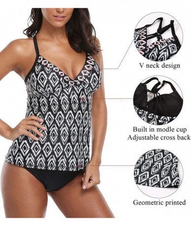 Tankinis Women's Tankini Swimsuits Cross-Back Two Piece Bathing Suits Tribal Swimwear - Black - C81862CRH0S $35.85