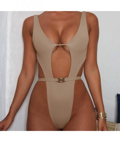 One-Pieces Women Sexy One Piece Swimwear Deep V Neck Cut Out Strappy Bikini Swimsuits Halter Backless Thong Bathing Suit Khak...