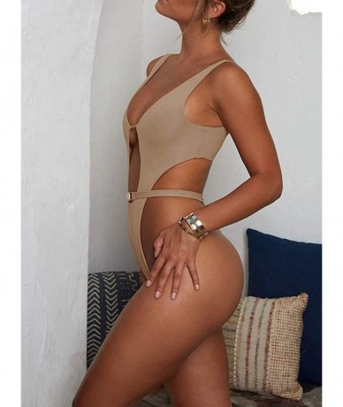 One-Pieces Women Sexy One Piece Swimwear Deep V Neck Cut Out Strappy Bikini Swimsuits Halter Backless Thong Bathing Suit Khak...