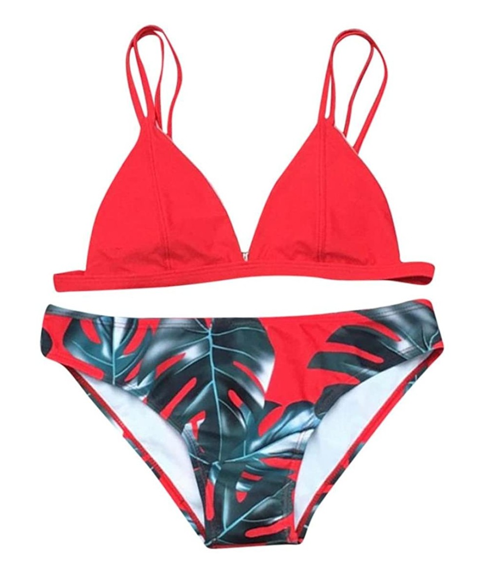 Sets Women's Bikini Set Leaves Printing Swimsuit Push-up Swimwear Bathing Suit - Red - C1189N3NO4S $18.35