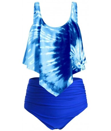 Sets Swimsuits for Women Bathing Suits Ruffled Top with High Waist Bottom Tie Dye Tankini Swim Suits Two Piece Swimwear Blue ...