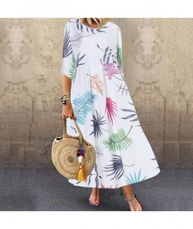 Racing Women Dress Boho Printed Patchwork 3/4 Sleeves O-Neck Button Low Hem Plus Size Dress Summer Casual Loose Maxi Dress - ...