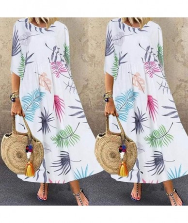 Racing Women Dress Boho Printed Patchwork 3/4 Sleeves O-Neck Button Low Hem Plus Size Dress Summer Casual Loose Maxi Dress - ...