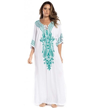 Cover-Ups Women's White Ethnic Print Kaftan Maxi Dress Summer Beach Dress - White-2 - CE18X93ATCK $35.33