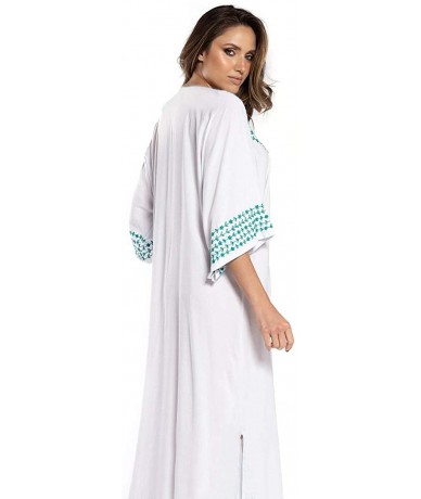 Cover-Ups Women's White Ethnic Print Kaftan Maxi Dress Summer Beach Dress - White-2 - CE18X93ATCK $35.33