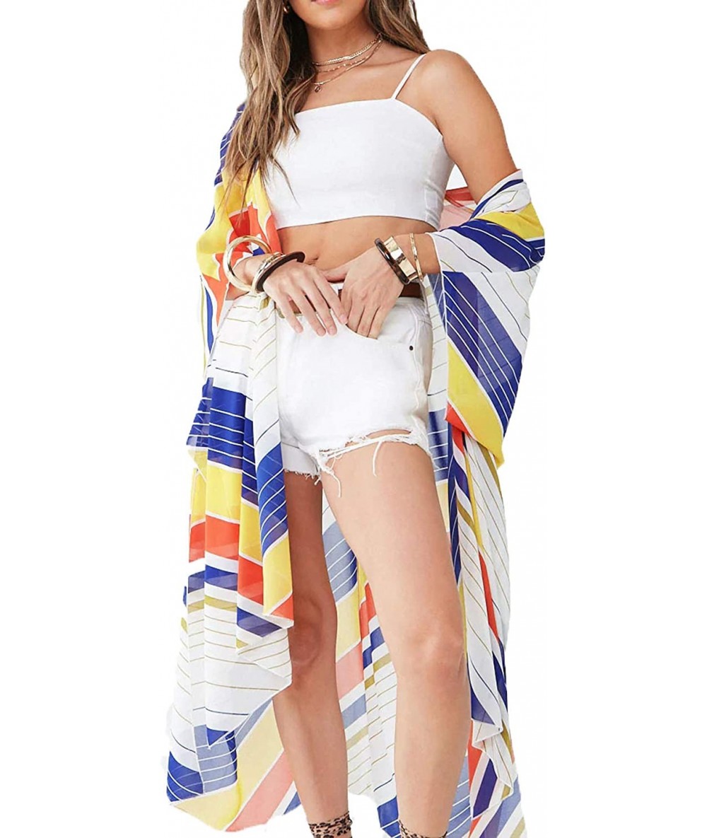 Cover-Ups Women's Kimono Beach Cover Up Floral Cardigan Loose Tops Long Sheer Chiffon Blouse - Stripe - CE196OHW0I8 $19.91