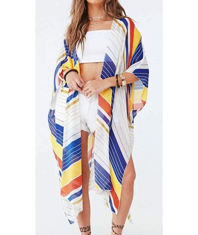 Cover-Ups Women's Kimono Beach Cover Up Floral Cardigan Loose Tops Long Sheer Chiffon Blouse - Stripe - CE196OHW0I8 $19.91