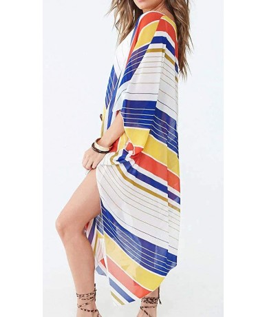 Cover-Ups Women's Kimono Beach Cover Up Floral Cardigan Loose Tops Long Sheer Chiffon Blouse - Stripe - CE196OHW0I8 $19.91