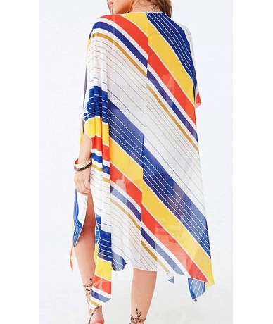 Cover-Ups Women's Kimono Beach Cover Up Floral Cardigan Loose Tops Long Sheer Chiffon Blouse - Stripe - CE196OHW0I8 $19.91