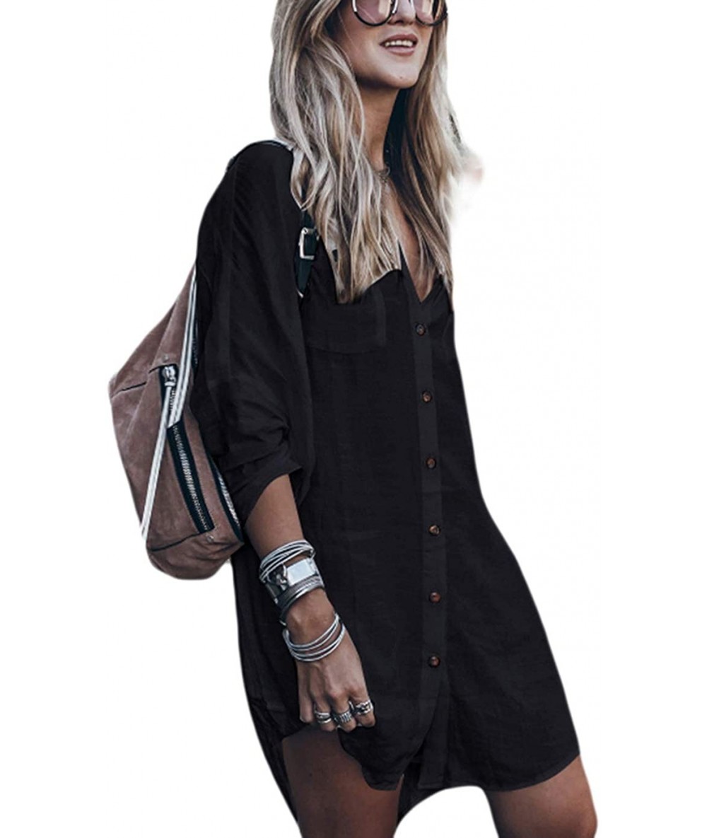 Cover-Ups Summer Loose Beach Shirt Dress Swimsuit Bikini Cover Ups for Women - A-black - CK18ZUR84G6 $42.29