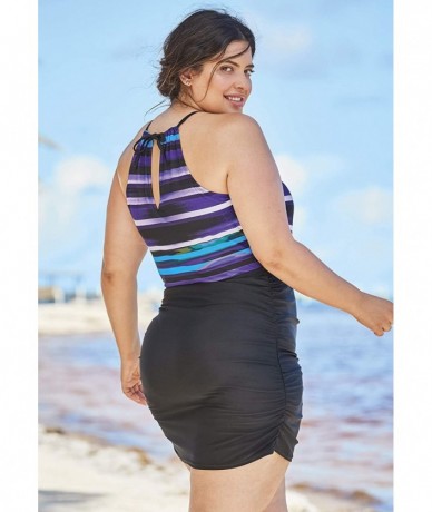 One-Pieces Women's Plus Size Keyhole Halter Swim Dress with Slits Swimsuit - Royal Blue White Stripe (0893) - C8195SGQ0D8 $58.68