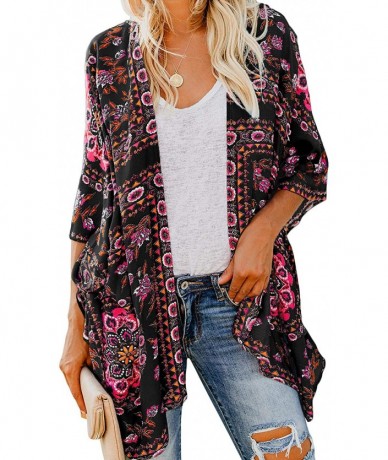 Cover-Ups Women's Kimono Cardigan Bohemian Floral Print Bikini Cover Up Open Front Loose Beach Cover up - Black - CP193I20K48...