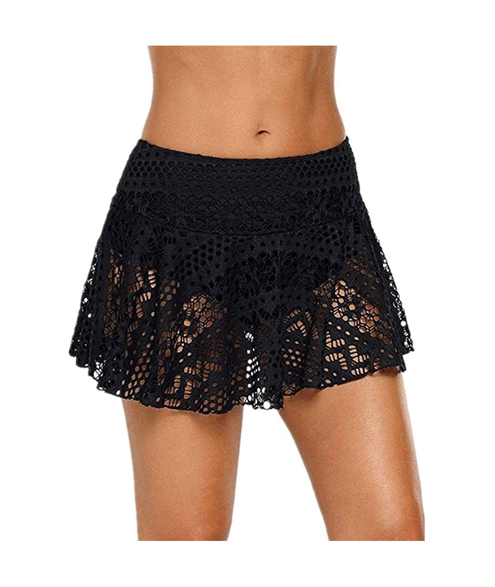 Bottoms Women Crochet Lace Skirted Bikini Bottom Solid Short Swim Skirt Swimsuit with Panty - Black - C118Q2YSZXE $30.23