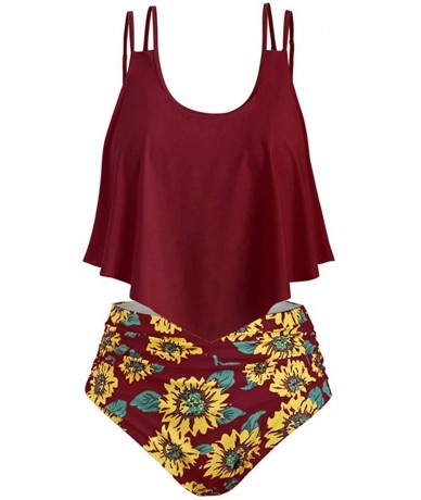 Sets Swimsuit for Women- Ruffled Two Pieces Bathing Suits High Waisted Bottom Bikini Set - Wine - C718S28NAW4 $30.87