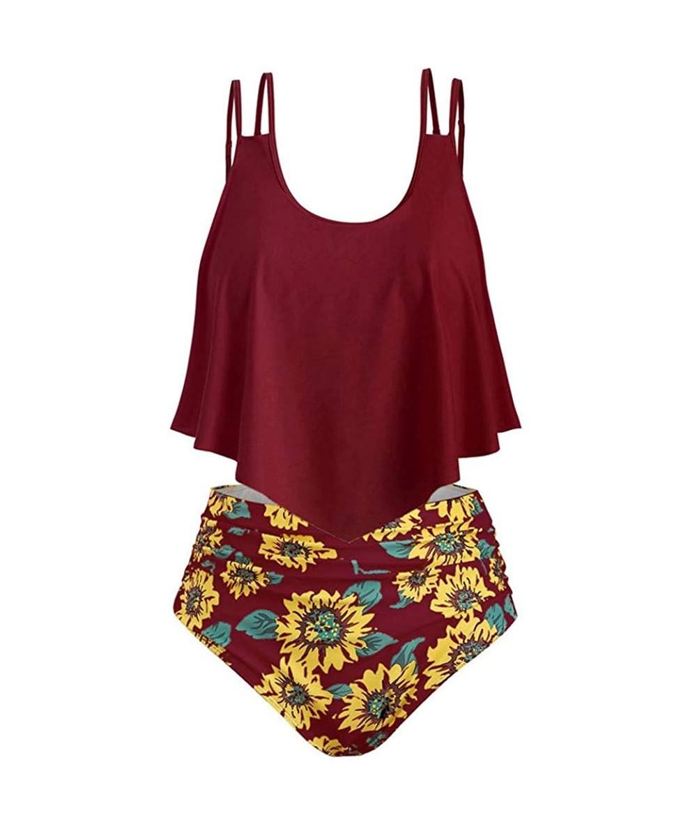 Sets Swimsuit for Women- Ruffled Two Pieces Bathing Suits High Waisted Bottom Bikini Set - Wine - C718S28NAW4 $30.87