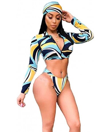 Rash Guards Women Zip Up 3 Piece Swimsuit Print Long Sleeve Rash Guard Swimwear Bikini Sets with Headband - B - CR18NYGS5Z6 $...