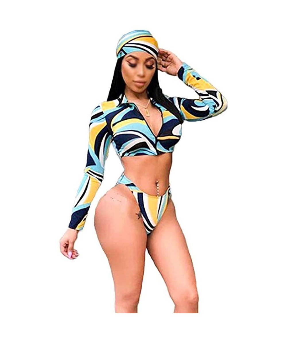 Rash Guards Women Zip Up 3 Piece Swimsuit Print Long Sleeve Rash Guard Swimwear Bikini Sets with Headband - B - CR18NYGS5Z6 $...