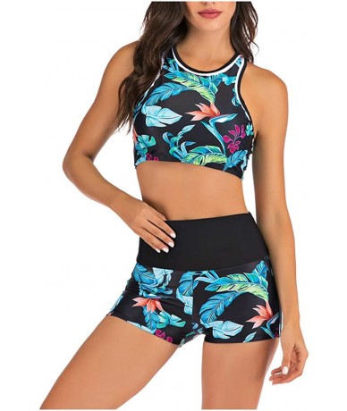 Racing Women's Leaves Printed Bathing Suit Two Pieces Crop Top and Boyleg Short Swimsuit Beachwear - Blue - CH193M4D4R8 $35.17