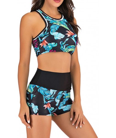 Racing Women's Leaves Printed Bathing Suit Two Pieces Crop Top and Boyleg Short Swimsuit Beachwear - Blue - CH193M4D4R8 $35.17