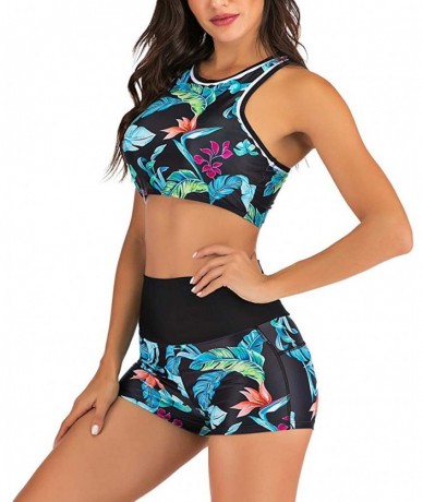 Racing Women's Leaves Printed Bathing Suit Two Pieces Crop Top and Boyleg Short Swimsuit Beachwear - Blue - CH193M4D4R8 $35.17