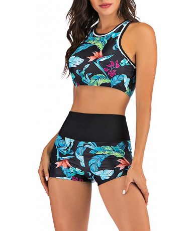 Racing Women's Leaves Printed Bathing Suit Two Pieces Crop Top and Boyleg Short Swimsuit Beachwear - Blue - CH193M4D4R8 $35.17