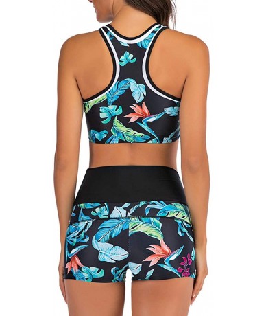 Racing Women's Leaves Printed Bathing Suit Two Pieces Crop Top and Boyleg Short Swimsuit Beachwear - Blue - CH193M4D4R8 $35.17