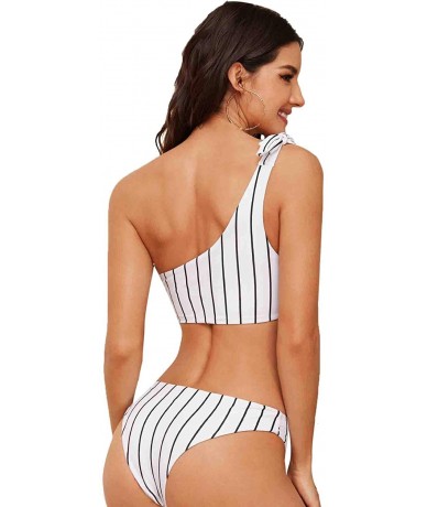 Sets Women's Stripe One Shoulder Bikini Set High Cut Two Piece Bathing Suits Swimwear - Black White - C7196IKX8N6 $21.26