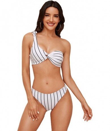 Sets Women's Stripe One Shoulder Bikini Set High Cut Two Piece Bathing Suits Swimwear - Black White - C7196IKX8N6 $21.26