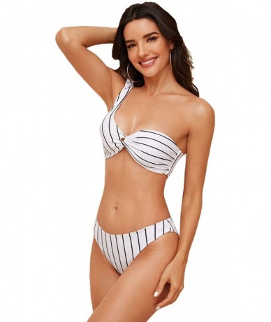 Sets Women's Stripe One Shoulder Bikini Set High Cut Two Piece Bathing Suits Swimwear - Black White - C7196IKX8N6 $21.26