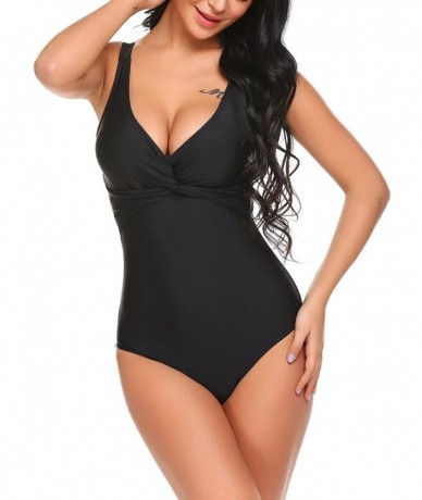 One-Pieces Women Swim Dress V-Neck Backless Swimsuits Solid Ruffles One Piece Swimwear - Black 2 - CK180HUEN2G $25.18