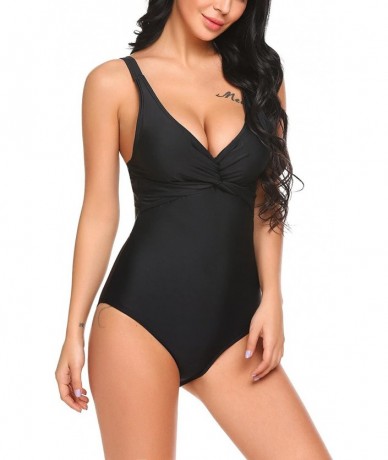 One-Pieces Women Swim Dress V-Neck Backless Swimsuits Solid Ruffles One Piece Swimwear - Black 2 - CK180HUEN2G $25.18