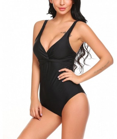 One-Pieces Women Swim Dress V-Neck Backless Swimsuits Solid Ruffles One Piece Swimwear - Black 2 - CK180HUEN2G $25.18