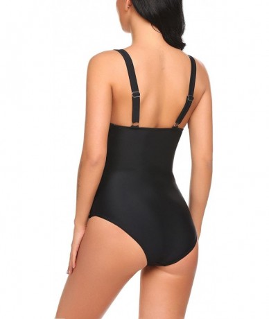 One-Pieces Women Swim Dress V-Neck Backless Swimsuits Solid Ruffles One Piece Swimwear - Black 2 - CK180HUEN2G $25.18