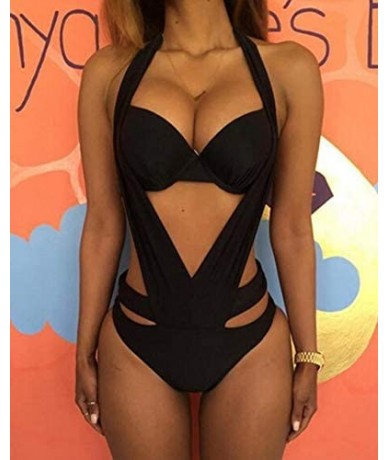 One-Pieces Women Sexy Halter Cut Out Deep V Neck Strappy One Piece Swimsuit - Black - C71969WNOR7 $43.73