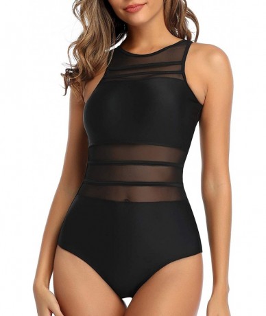 One-Pieces Women Mesh One Piece Swimsuit High Neck See Through Backless Bathing Suit Swimwear - Black - C1192WL478A $32.59